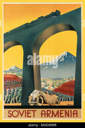Sowjetischen Armenien Jahrgang 1930 Sowjetunion Reisen Plakat von Intourist, das offizielle Reisebüro der ehemaligen Sowjetunion, um 1936. Es ist die Förderung der ehemaligen sowjetischen Republik Armenien als Reiseziel. Intourist hatte das staatliche Monopol auf Reisen während der Zeit der Sowjetunion, und immer noch dominiert die Reisebranche zu vielen russischen Provinzstadt Standorte. Stockfoto