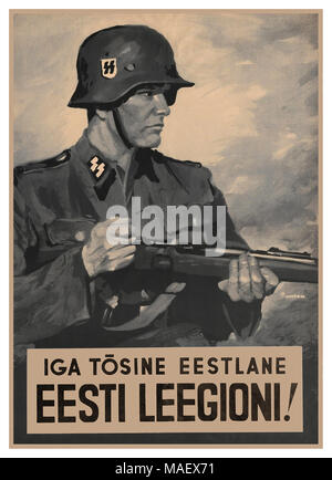 1942 WW2 Nazi Waffen SS Propaganda Rekrutierung Poster "jeder seriöse Este an die estnische Legion" ! Nazi-Deutschland Rekrutierungsposter Estland Baltische Staaten Osteuropa Stockfoto