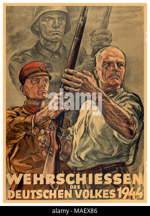 Volkssturm vierziger Jahre Vintage WW2 Nazi-Propagandaposter 1944, das illustriert, dass ein reifer Zivilist, dem er auf Befehl Adolf Hitlers ein Gewehr übergeben hat, um seinen Teil bei der Verteidigung des deutschen Volkes gegen die bevorstehende Invasion des zweiten Weltkriegs zu tun Stockfoto