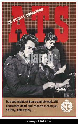 ATS Mädchen Jahrgang 1939 WW2 Propaganda Rekrutierung Plakat für ATS Frauen Betrieb eines Morse Code Maschine und Radio. "ATS ALS SIGNAL Operatoren" "Tag und Nacht, zu Hause und im Ausland, ATS Operatoren Senden und Empfangen von Nachrichten, schnell, präzise' 1939-45 2. Weltkrieg Weltkrieg II. Stockfoto
