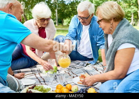 Ältere Freunde genießen Sie ein Picknick im Park Stockfoto