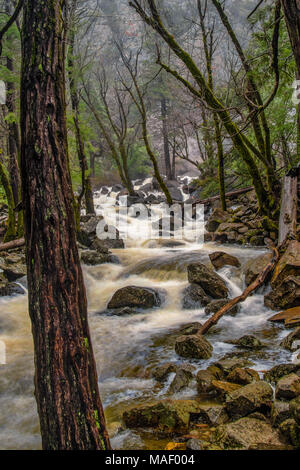 Bridalveil Creek eilt über die Felsen, die eisigen Schneeschmelze in den Merced River Stockfoto