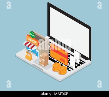 Online shopping Konzept Laptop mit Shopping Symbol Isometrische vector Hintergrund Stock Vektor