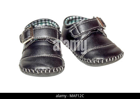 Baby dunkelblau Leder booties isoliert auf weißem Stockfoto