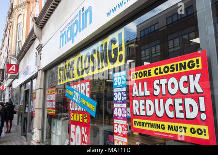 Maplin, der Elektronik, der Schließung Verkauf der Tottenham Court Road, London, NW1, UK Stockfoto