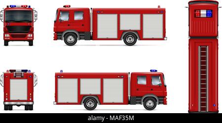 Fire Truck vektor Mock-up. Isolierte Vorlage der roten Lkw auf Weiß. Fahrzeug Branding mockup. Seiten, Vorder-, Rückseite, Ansicht von oben. Einfach zu bearbeiten und neu einfärben. Stock Vektor