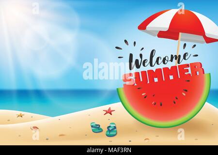 Willkommen Sommer Beschriftung auf Wassermelone geschnitten unter einem Schirm. Sommer Hintergrund mit kopieren. Vector Illustration Stock Vektor