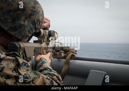 Ein US-Marine mit Savage-3 Scout Sniper Team, Bataillon Landung Team Team 3/1, 13 Marine Expeditionary Unit (MEU) stellt seinen Anblick an Bord der Whidbey Island-Klasse amphibische Landung dock Schiff USS Rushmore (LSD 47) während einer amphibischen Squadron und MEU Integration (PMINT) Übung auf See, 31. März 2018. Das Essex Amphibious Ready Gruppe und 13 Marine Expeditionary Unit erstmals voll integrierte vor ihrer Bereitstellung. Amphibische Squadron, MEU integration Training eine entscheidende Einsatz übung, die Navy-Marine Corps Team schnell zu planen und Comp ausführen Stockfoto