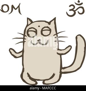 Cartoon cat Tik sitzt im Nirvana versunken. Om Zeichen und Symbol. Vector Illustration. Cute pet-Charakter. Stock Vektor