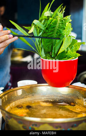 Stäbchen einsetzen, frisches Gemüse in hotpot Stockfoto