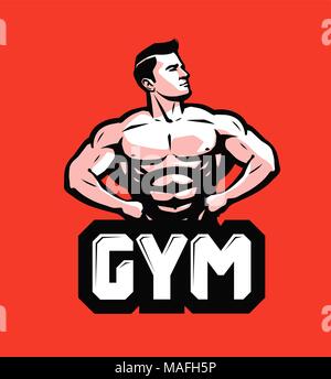 Fitness, Bodybuilding Logo oder Label. Starke Mann mit großen Muskeln. Vector Illustration Stock Vektor