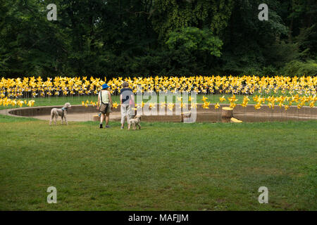 Gelbe pinwheel öffentliches Kunstprojekt im Prospect Park in Brooklyn NYC Stockfoto