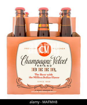 Winneconne, WI - 30 März 2018: Sixpack Champagner samt Bier in einem isolierten Hintergrund. Stockfoto