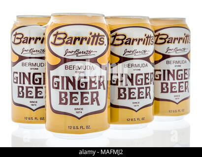 Winneconne, WI - 30 März 2018: ein Six Pack von Barritts Bermuca Ingwer Bier auf einem isolierten Hintergrund. Stockfoto