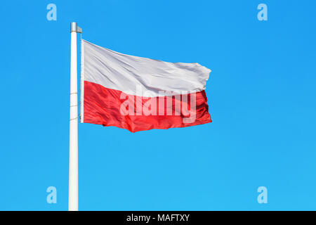 Polnische nationale Flagge schwenkten auf der Wind gegen den klaren blauen Himmel Stockfoto