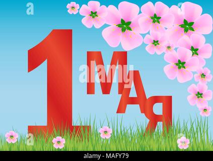 Vector Illustration mit der Inschrift in Russisch-Mai 1. Rosa Blumen und Gras gegen den Himmel. Die Feder und den Tag der Arbeit Stock Vektor