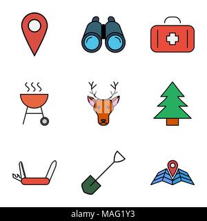 Camping flachbild Vektor Symbol für Web und mobile Anwendungen. Set enthält - Karte pin, BBQ, Hirsche, Erste Hilfe, Karte, Fernglas, Nadelbaum, Messer, Schaufel. Ich Stock Vektor