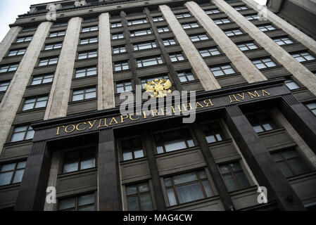 Moskau, Russland - 2 Apr, 2018: die Fassade der Staatsduma, Parlament der Russischen Föderation. Stockfoto