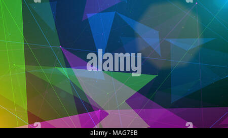 Ein futuristisches 3d-Abbildung der Salat und violett Pyramide Figuren mit dreieckigen Flächen geheimnisvoll schimmernd in den dunkelblauen Hintergrund wi abgedeckt Stockfoto