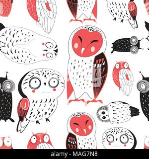 Vektor nahtlose grafische Muster von lustigen Eulen auf Weiß Stock Vektor