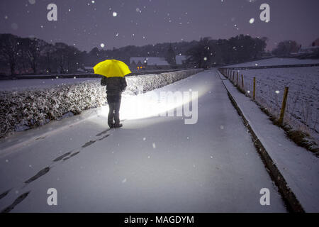 Flintshire, Wales, Vereinigtes Königreich 2. April 2018, UK Wetter: eine Auswaschung Ostern Feiertag endet mit einem Met Officer Wetter Warnung für Regen und Schnee für Feiertag Montag. Eine Person in Richtung der walkign Pantasaph Friary auf einem sehr verschneiten Morgen im Dorf von Pantasaph, Flintshire auf Ostern Feiertag Montag © DGDImages/Alamy leben Nachrichten Stockfoto