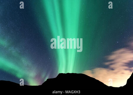 Aurora borealis und Silhouette der Berge. Lofoten, Norwegen. Aurora. Grün Nordlicht. Himmel mit Sternen und Polarlichter. Nacht Landschaft Stockfoto