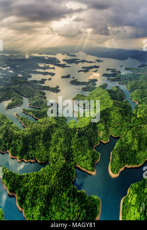 Aeral der Ta Mist See am Morgen mit den Bäumen auf der kleinen Insel Paradies. Dies ist der Vorratsbehälter für Wasserkraft in Dac Nong, Viet Stockfoto