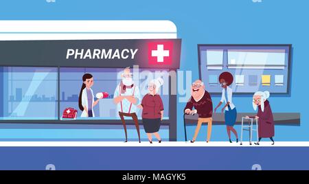 Gruppe von Menschen stehen in der Linie zu Apotheke In der modernen Krankenhaus Apotheke Shop Konzept Stock Vektor