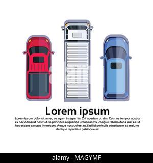 Pkw und Lkw auf weißem Hintergrund Draufsicht über Kopie Raum Stock Vektor