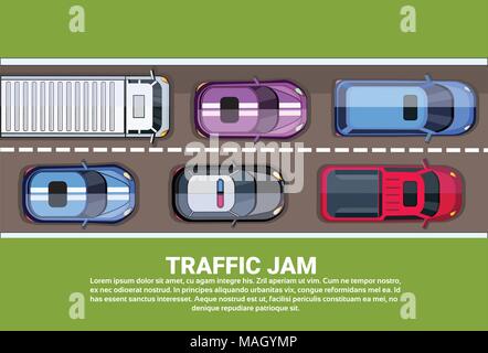 Stau Top View Straße oder Autobahn voll von verschiedenen Autos und Lastwagen Hintergrund mit Kopie Raum Stock Vektor