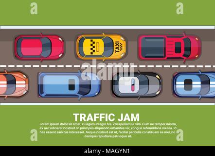 Straße voll von verschiedenen Autos Top Betrachtungswinkel und der Stau auf der Autobahn Stock Vektor