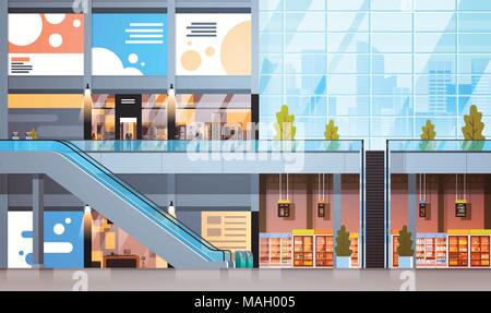 Moderne Store mit vielen Geschäften und Supermarkt leer Innen keine Personen Stock Vektor