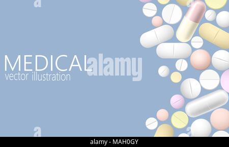 Pille und Tabletten, Medizin auf blauem Hintergrund isoliert. Haufen von realistischen 3D-Arzneimittel, Kapseln, Droge. Healthcare Medical Center Werbe Poster Vector Illustration. Stock Vektor