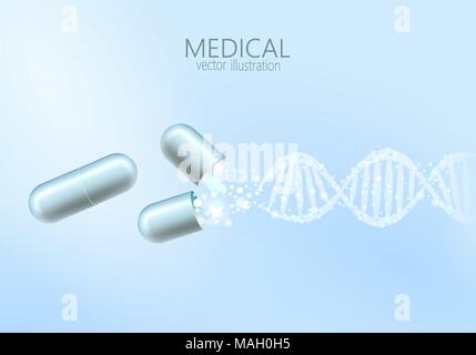Wissenschaft Gentherapie molekulare Struktur medizinische Genom Behandlung Hintergrund. Pädagogische logo Medizin Zentrum der Gesundheitsversorgung. Blue DNA-Sequenz Licht 3d-Flachbild Vector Illustration Stock Vektor