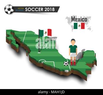 Mexiko Fussballnationalmannschaft. Fußballspieler und Flagge auf 3d-design Land Karte. isolierte Hintergrund. Vektor für internationale Weltmeisterschaft Stock Vektor