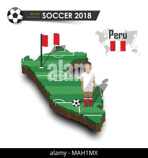 Peru Fussballnationalmannschaft. Fußballspieler und Flagge auf 3d-design Land Karte. isolierte Hintergrund. Vektor für International World Championship Tour Stock Vektor