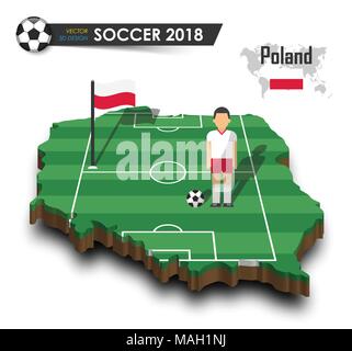 Polen Fussballnationalmannschaft. Fußballspieler und Flagge auf 3d-design Land Karte. isolierte Hintergrund. Vektor für internationale Weltmeisterschaft Stock Vektor