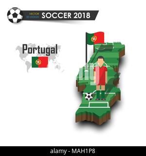 Portugal Fußball-Nationalmannschaft. Fußballspieler und Flagge auf 3d-design Land Karte. isolierte Hintergrund. Vektor für internationale Wm Stock Vektor