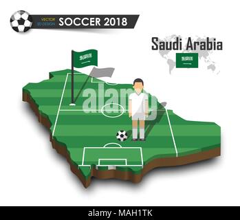 Saudi-arabien Fussballnationalmannschaft. Fußballspieler und Flagge auf 3d-design Land Karte. isolierte Hintergrund. Vektor für internationale Weltmeister Stock Vektor