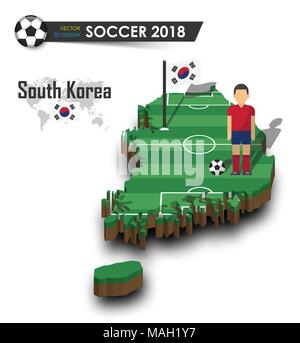 Südkorea Fußball-Nationalmannschaft. Fußballspieler und Flagge auf 3d-design Land Karte. isolierte Hintergrund. Vektor für International World championsh Stock Vektor