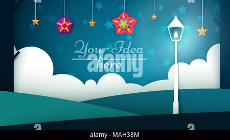 Street Lamp, Lampe. Cartoon Papier Landschaft. Cloud, Wald, Blume. Stock Vektor
