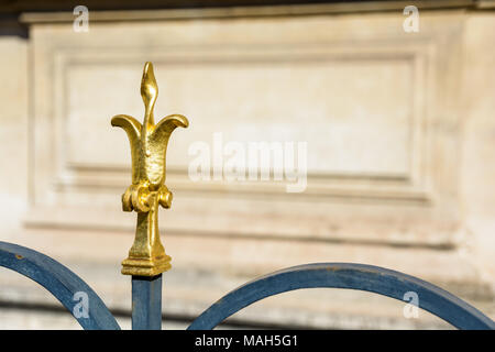 Nahaufnahme eines goldenen Fleur-de-Lis, der einen soliden schmiedeeisernen Zaun umschließt, der an einem historischen Gebäude in Paris, Frankreich, verläuft. Stockfoto