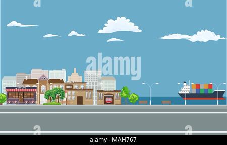 Stadt am Meer Landschaft mit Schiff auf dem Meer. Stock Vektor