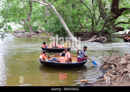 Touristen, die an den Hogenakkal Falls eine Rundfahrt mit dem Korakelboot oder einer Bowl machen, können an der Grenze zu Indien Tamil Nadu Karnataka teilnehmen Stockfoto