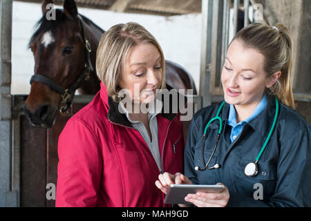 Weibliche Vet Prüfung Pferd im Stall zeigen Eigentümer Digital Tablet Stockfoto