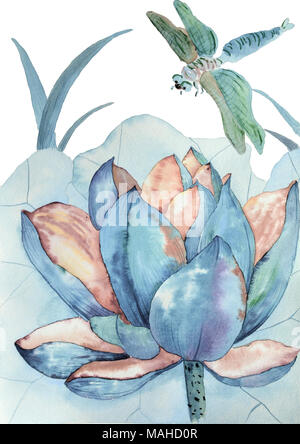 Original Aquarell von blauem Lotus und Libelle Stockfoto