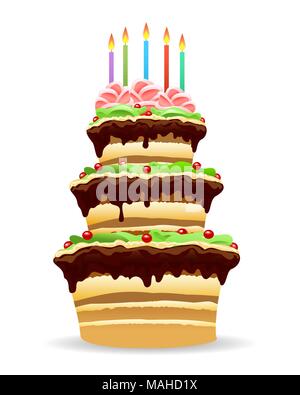 Geburtstag Kuchen mit brennenden Kerzen im Comic-stil gezeichnet. Vector Illustration. Stock Vektor