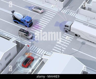 Reibungslosen Verkehr in Kreuzung. Konzept für autonome Technologie Vorteil. 3D-Rendering Bild. Stockfoto