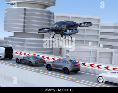 Passagier Drohne fliegen über Autos in Heavy Traffic Jam. Konzept für die drohne Taxi. 3D-Bild. Stockfoto