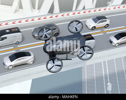 Passagier Drohne fliegen über Autos in Heavy Traffic Jam. Konzept für die drohne Taxi. 3D-Bild. Stockfoto